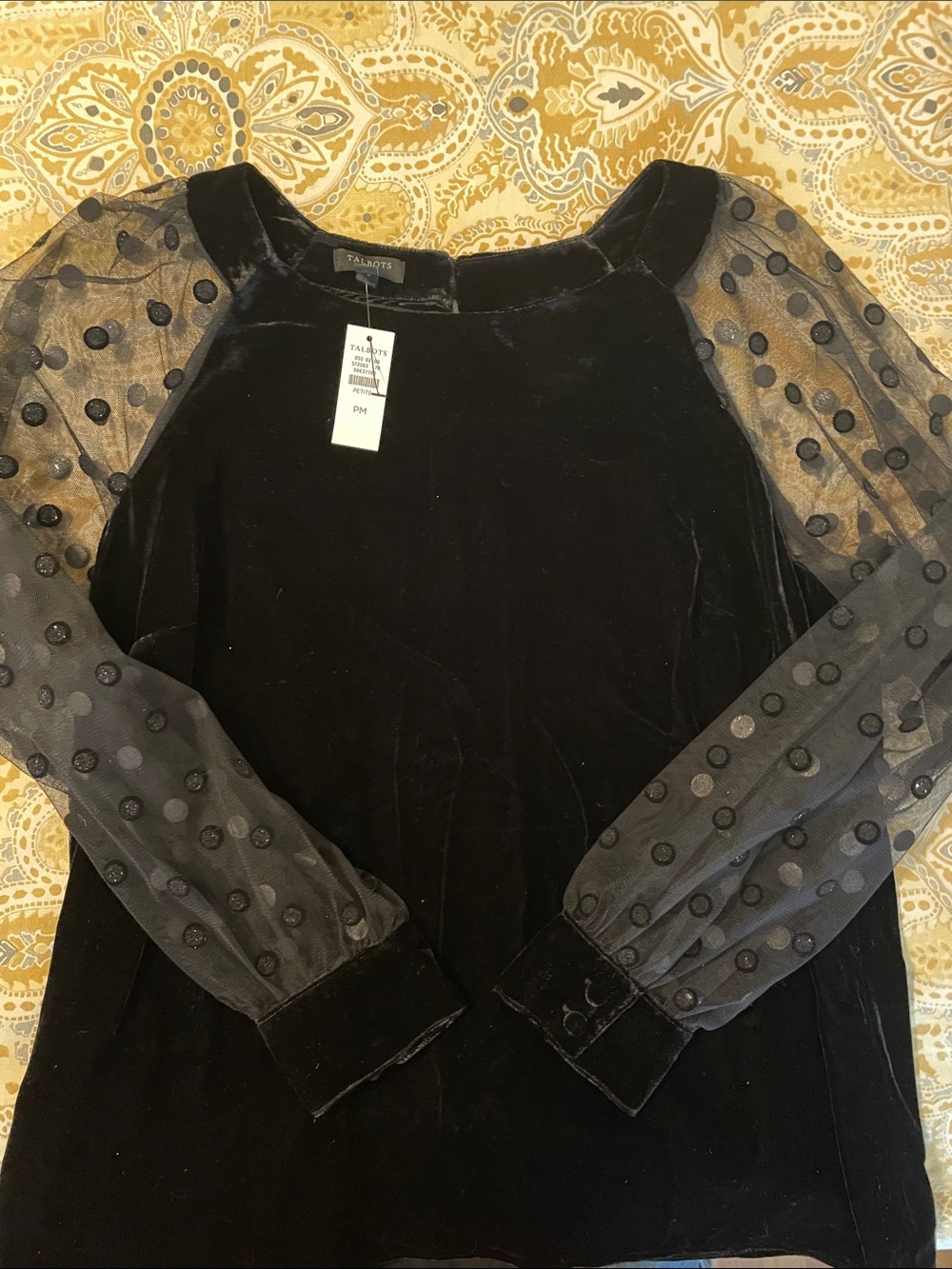 Talbots Black Velvet Top with Sheer Polka-Dot Sleeves
